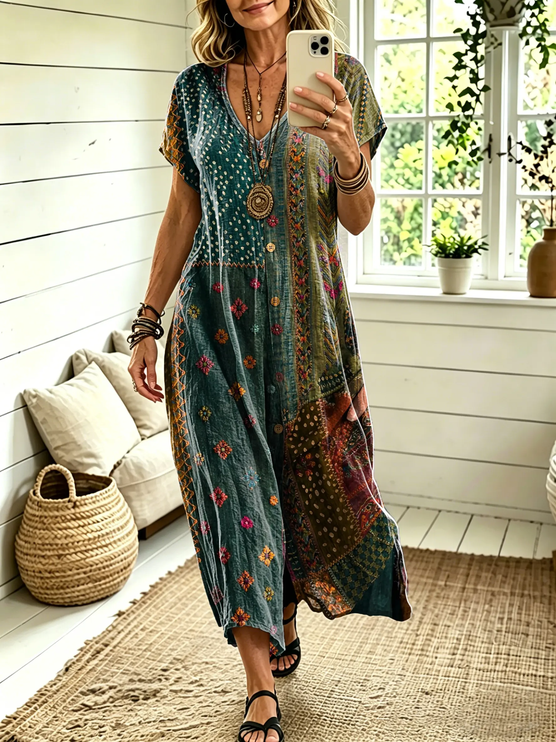 Women's Bohemian Colorful Textured Patchwork Art Print Cotton Dress with Pockets