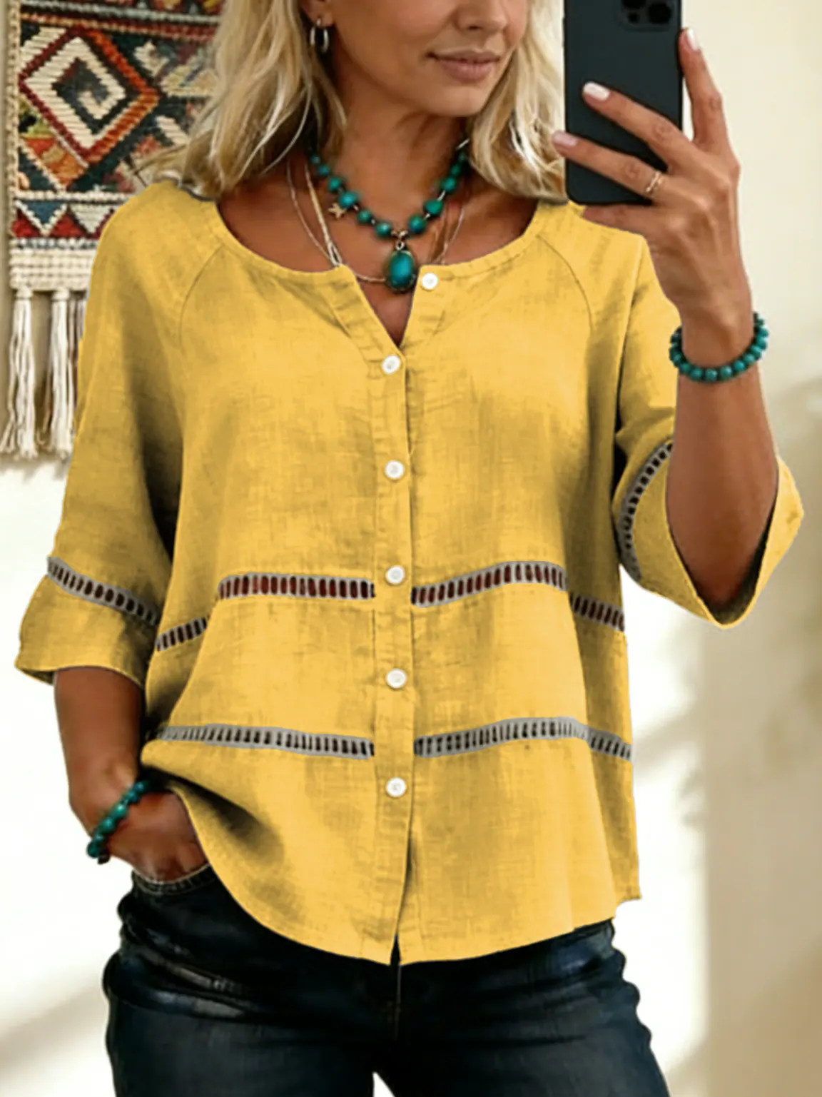 Women's Tie-front Button-up Cotton-linen Blend Short-sleeve Shirt