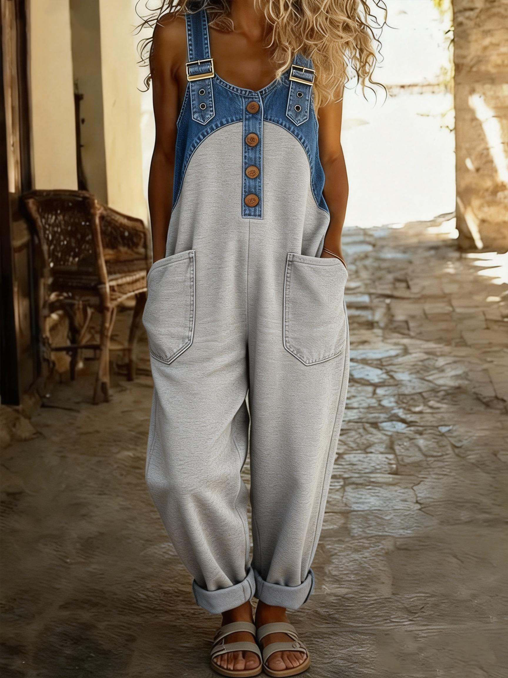 Women's Casual Washed Cotton Denim Patchwork Jumpsuit