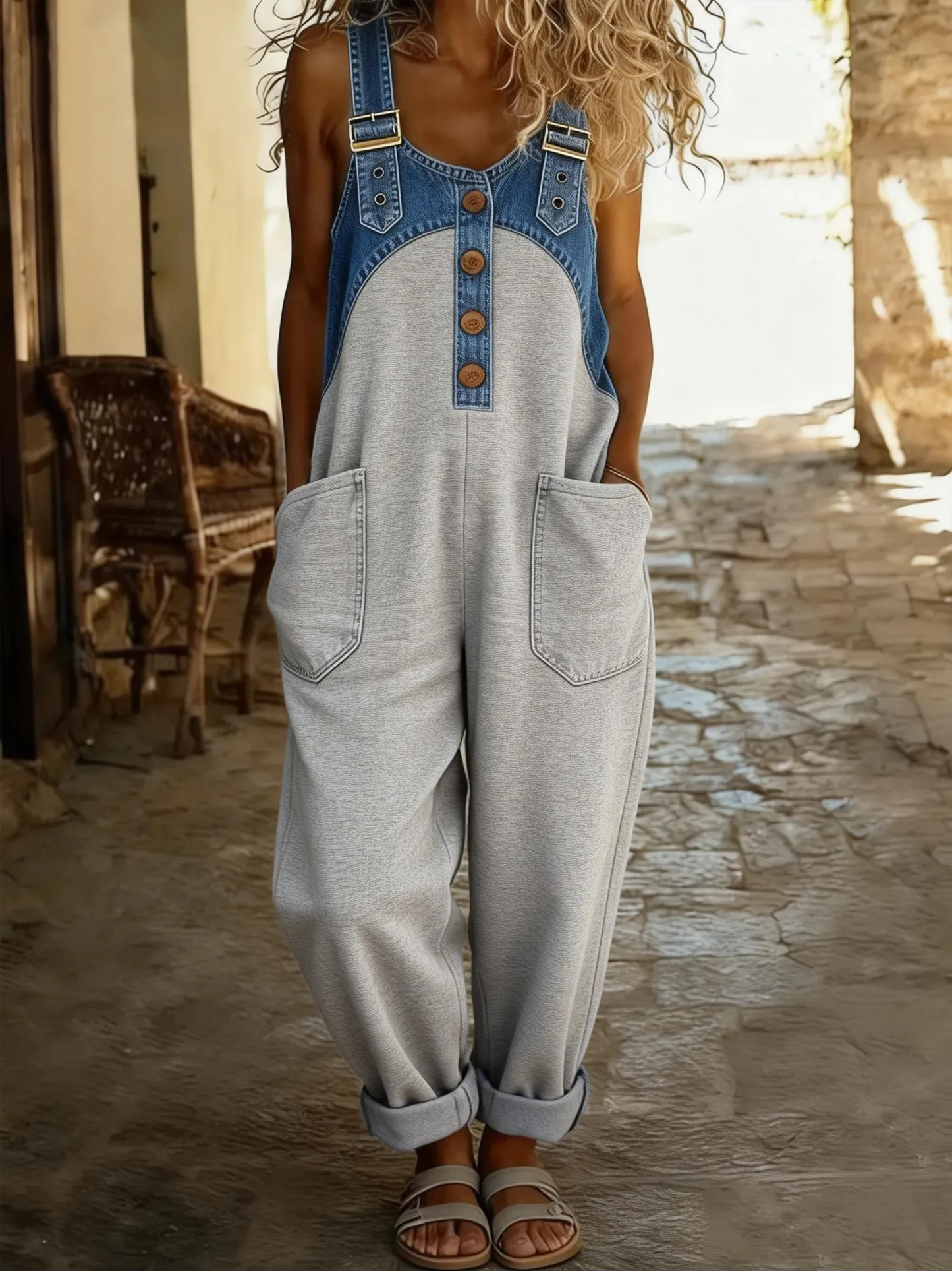 Women's Casual Washed Cotton Denim Patchwork Jumpsuit