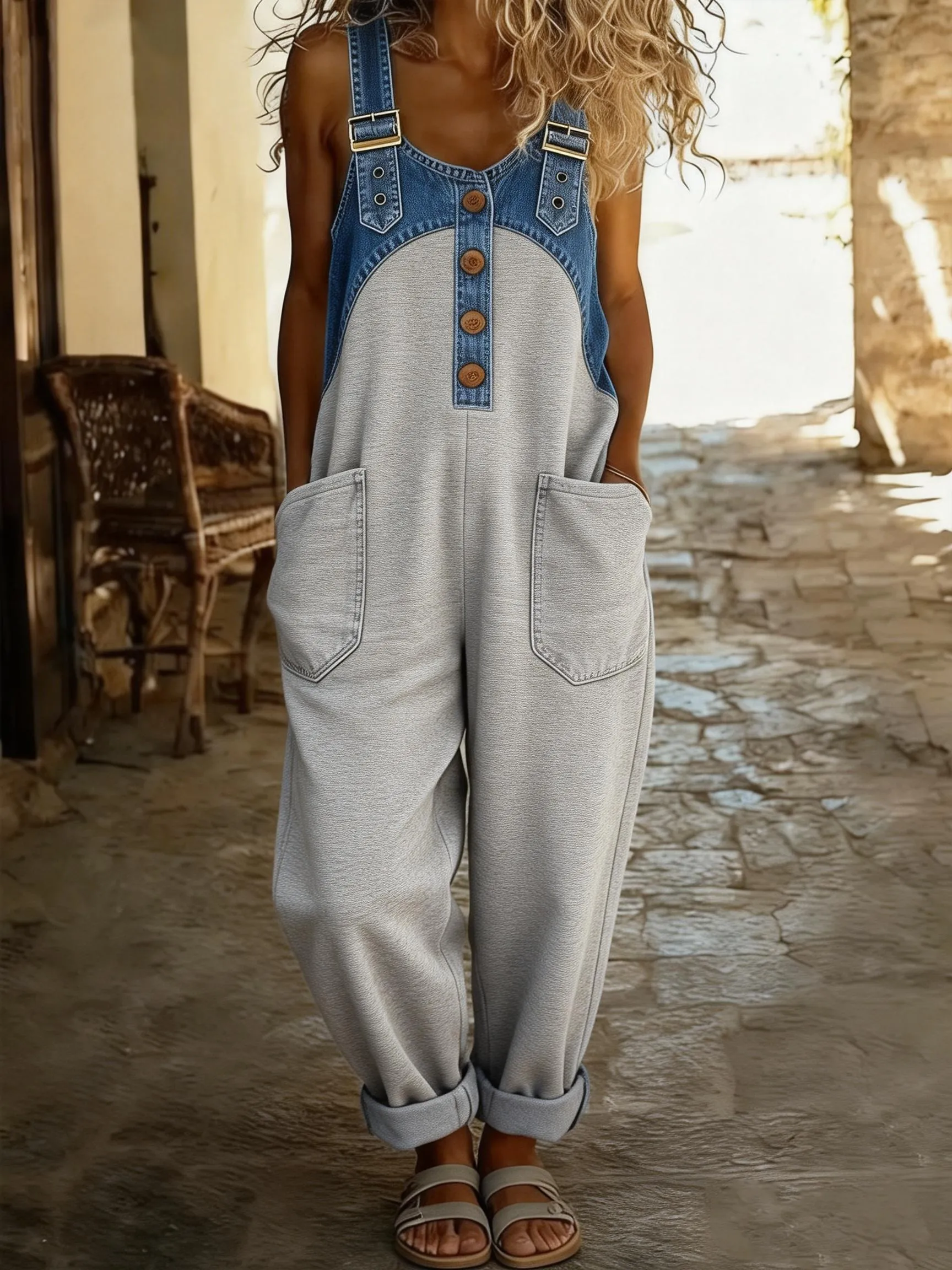 Women's Casual Washed Cotton Denim Patchwork Jumpsuit