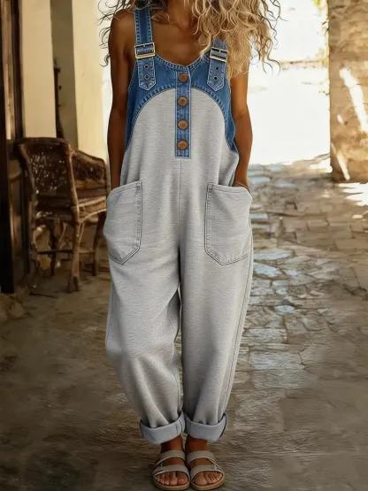 Women's Casual Washed Cotton Denim Patchwork Jumpsuit