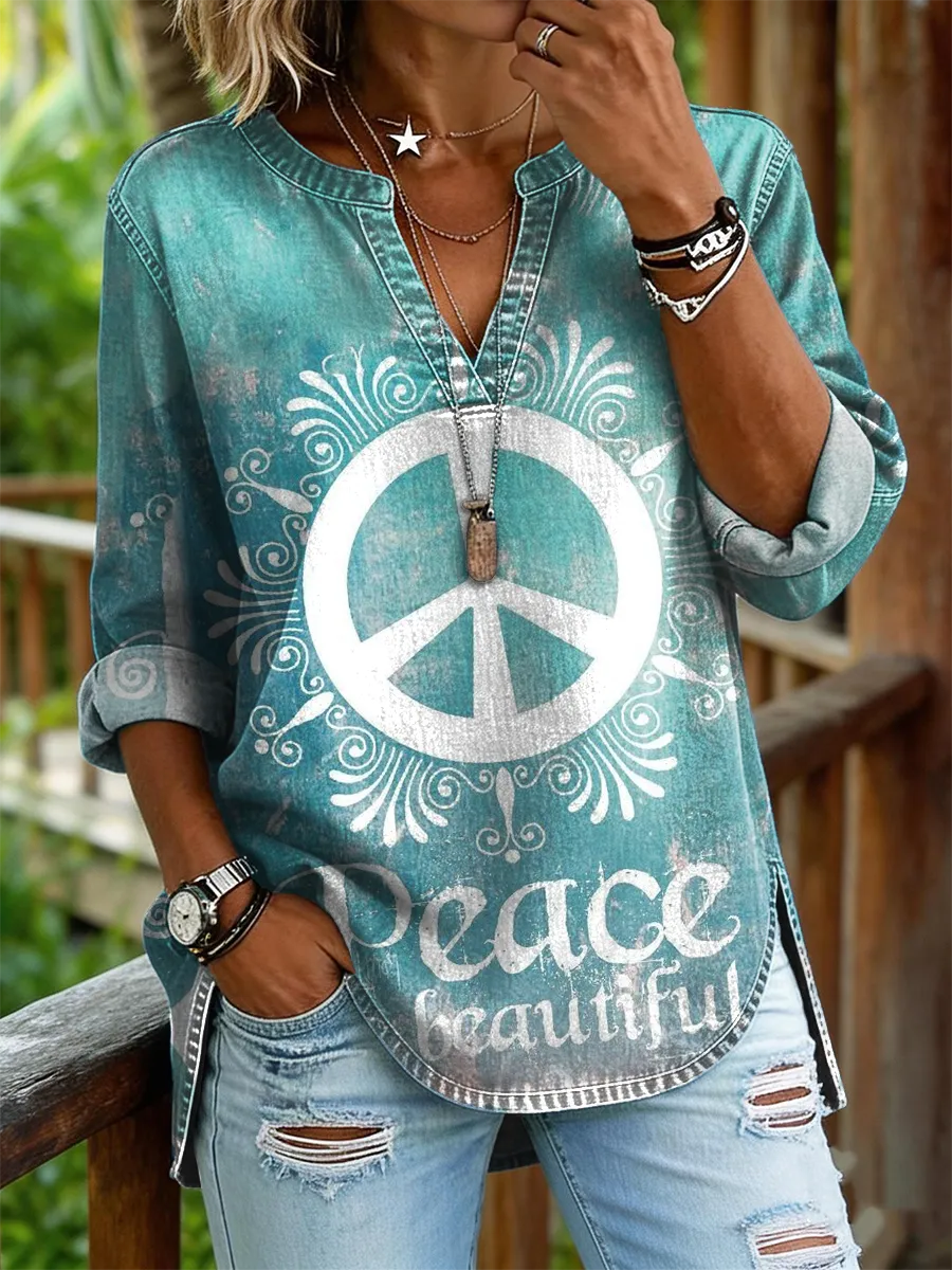 Women's Retro Peace Art Print Casual Long-sleeve Shirt