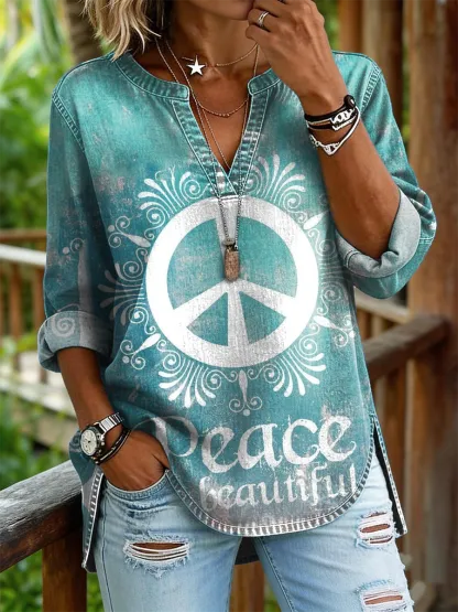 Women's Retro Peace Art Print Casual Long-sleeve Shirt