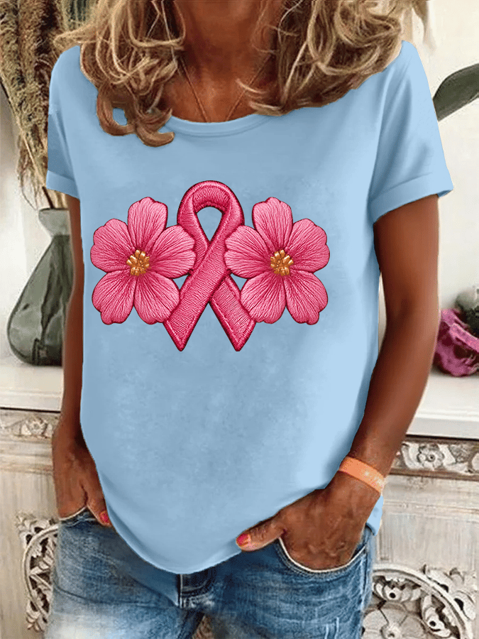 Women's Breast Cancer Awareness Print Crew Neck T-Shirt
