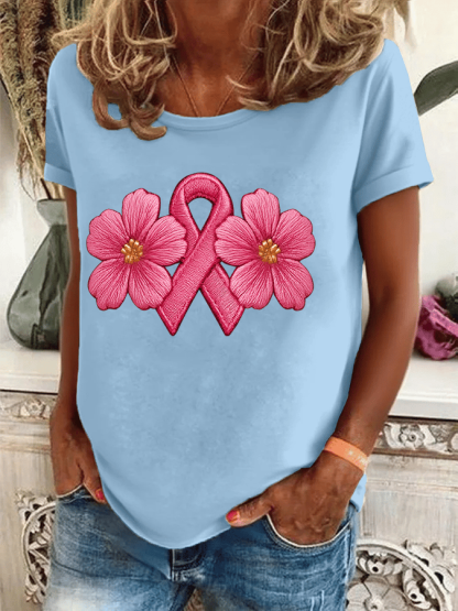 Women's Breast Cancer Awareness Print Crew Neck T-Shirt