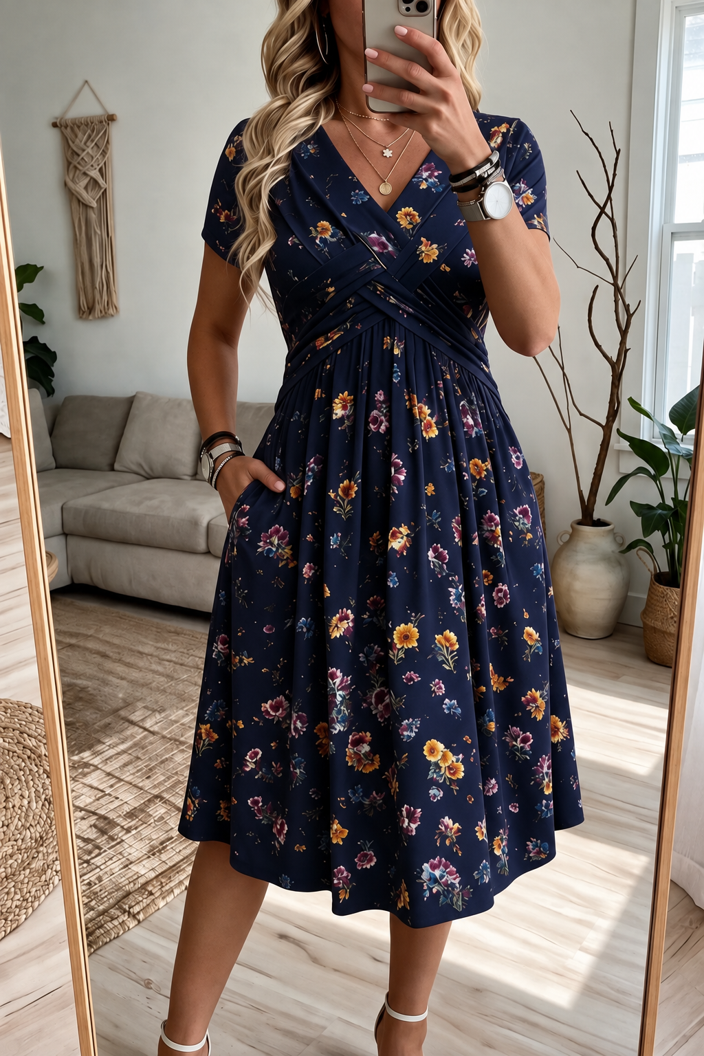 Women's V-Neck Floral Print Dress with Twist Waist