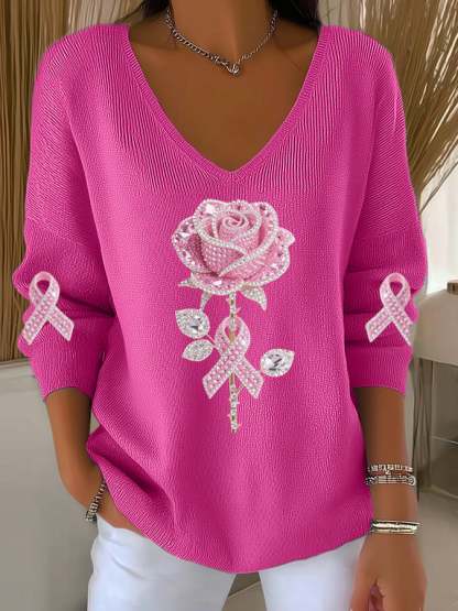 Women's Breast Cancer Awareness Roses Print V Neck Sweater