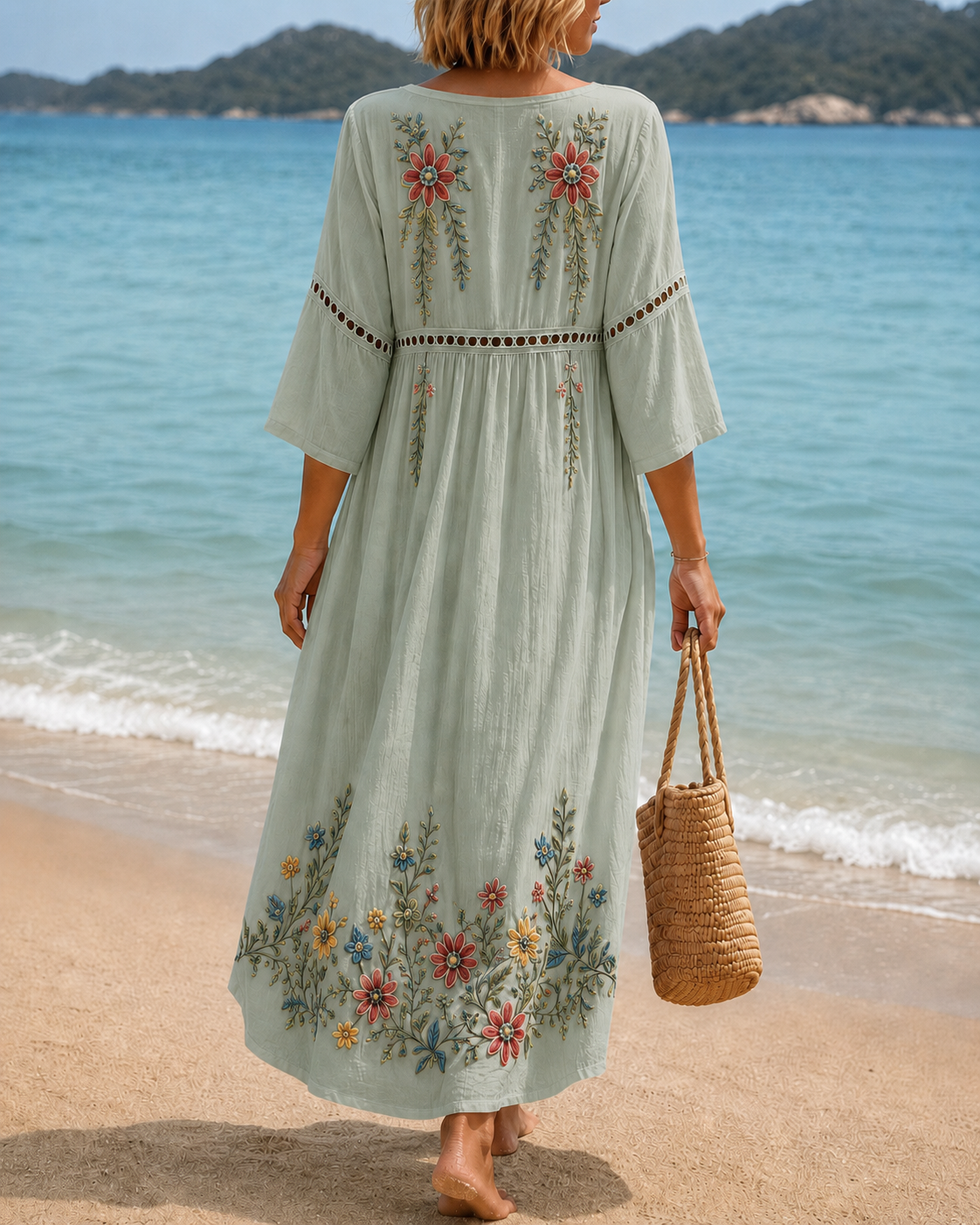 Women's Vacation Linen Boho Floral Print V-Neck Short Sleeve Maxi Dress