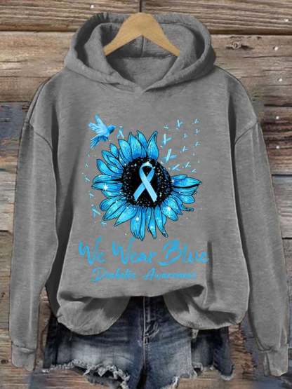 Retro Diabetes Awareness We Wear Blue Hummingbird Blue Ribbon Print Hoodie