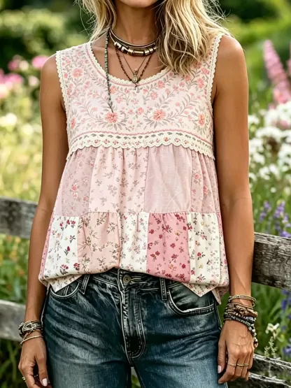 Women's Patchwork Floral Print Lace Trim Sleeveless Tank Top