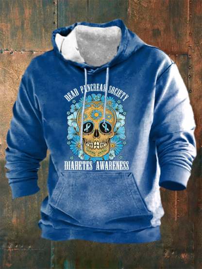 Men's Casual Diabetes Awareness Dead Pancreas Society Print Long Sleeve Hooded Sweatshirt