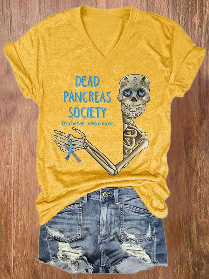 V-neck Diabetes Awareness Dead Pancreas Society Print T-Shirt