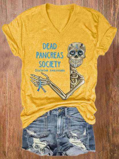 V-neck Diabetes Awareness Dead Pancreas Society Print T-Shirt