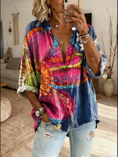 Women's Bohemian Retro Petal Art Print Casual Cotton-Linen Shirt