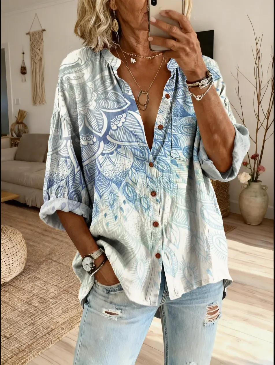 Ethnicity Geometry Totem Gradation Women's Vintage Art Print Casual Cotton And Linen Shirt