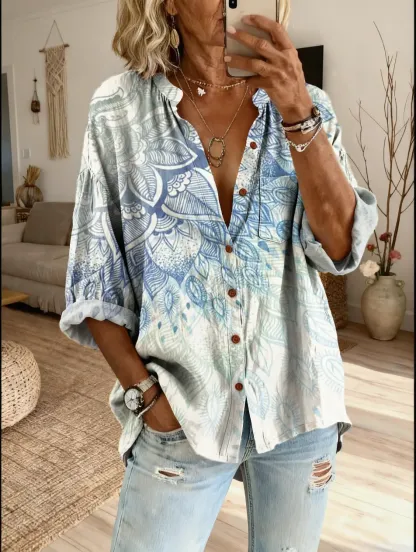 Ethnicity Geometry Totem Gradation Women's Vintage Art Print Casual Cotton And Linen Shirt