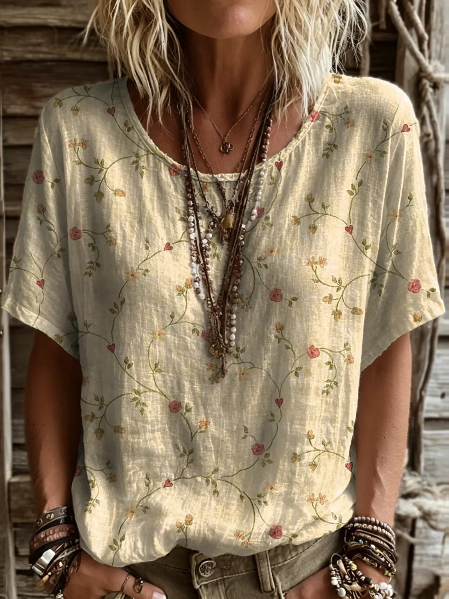 Women's Short-sleeve Crew-neck Cotton-linen T-shirt With Floral Art Print