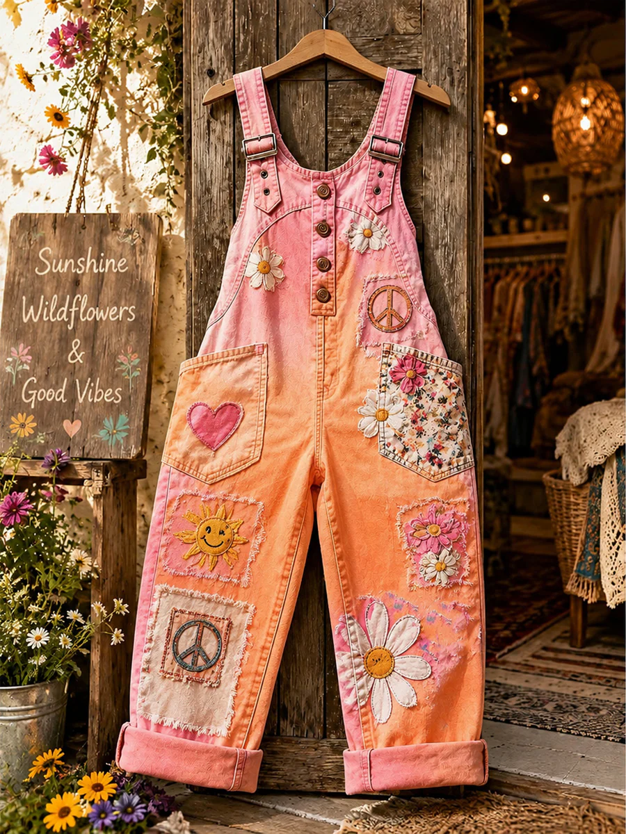 Women's Retro Style Art Print Washed Cotton Denim Patchwork Jumpsuit