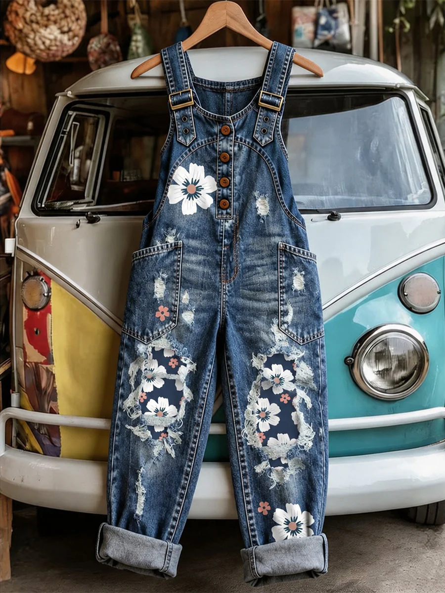Women's Retro Style Art Print Washed Cotton Denim Patchwork Jumpsuit