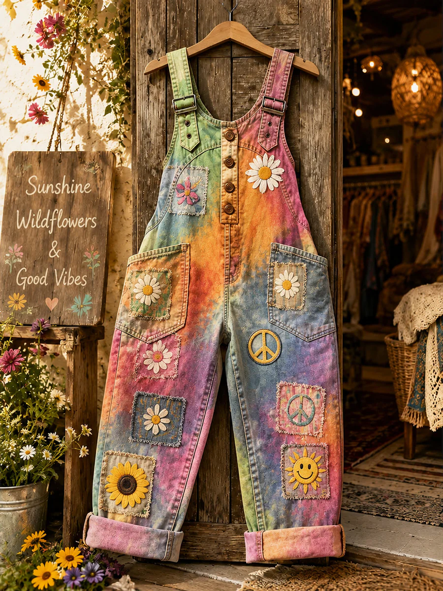 Women's Retro Style Art Print Washed Cotton Denim Patchwork Jumpsuit