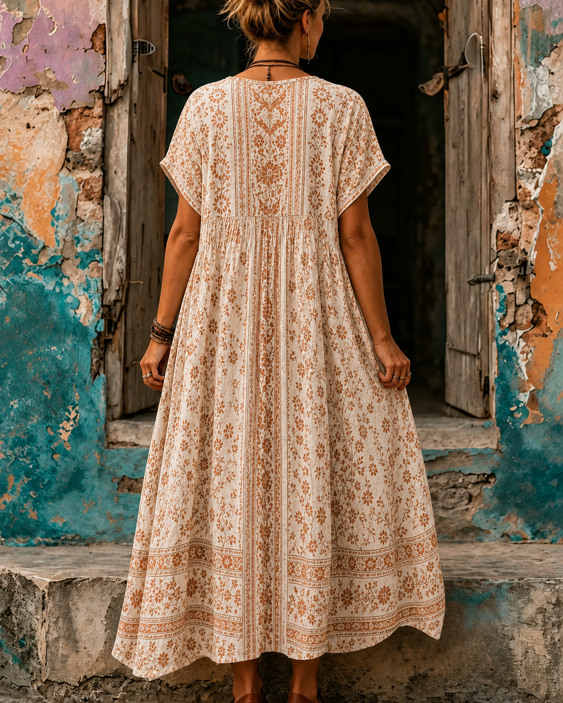 Women's Vacation Linen Retro Boho Floral Print V-Neck Short Sleeve Maxi Dress