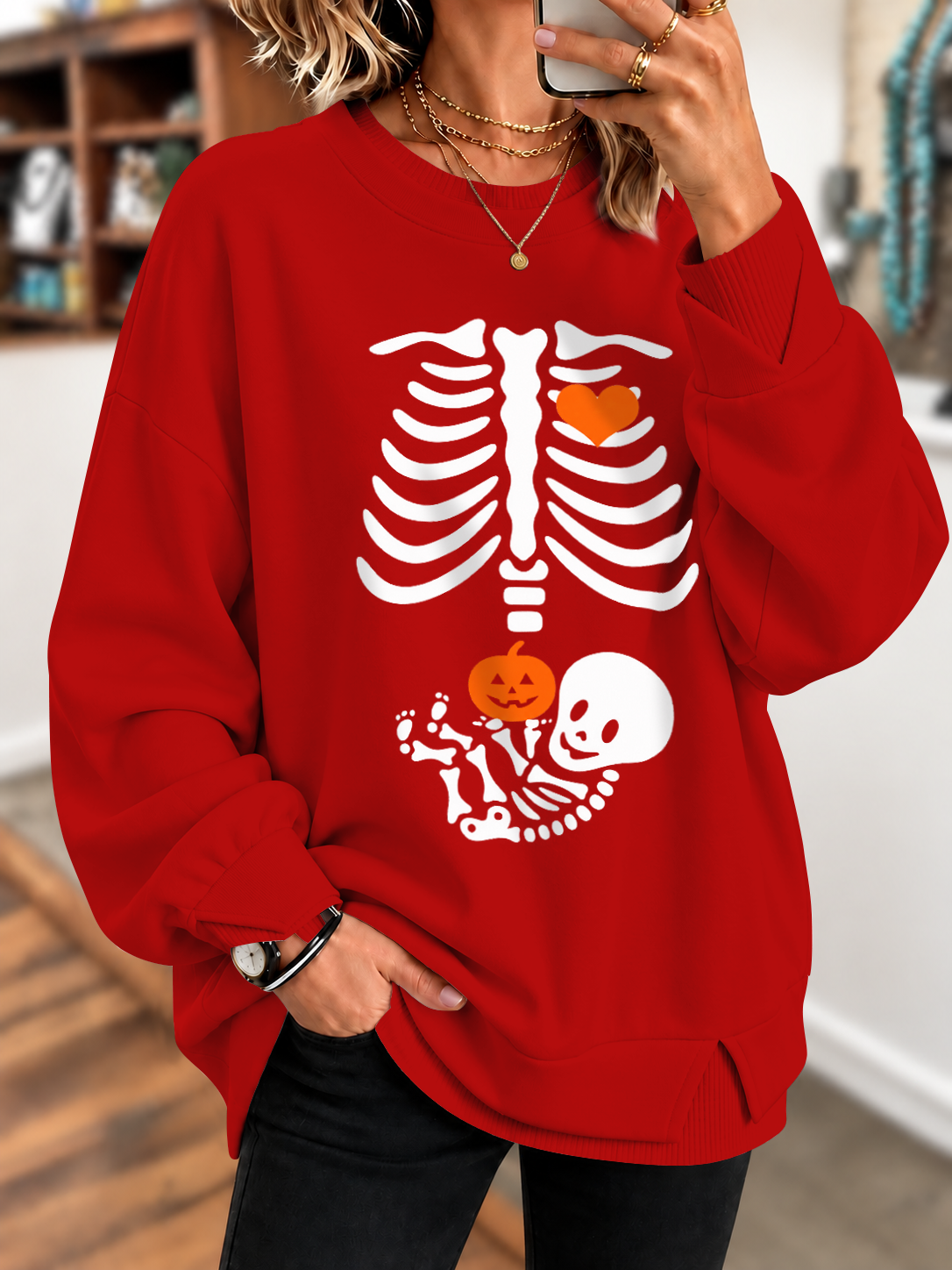 Skeleton Halloween Maternity Pregnancy Announcement Fall Mom Pinted Sweatshirt