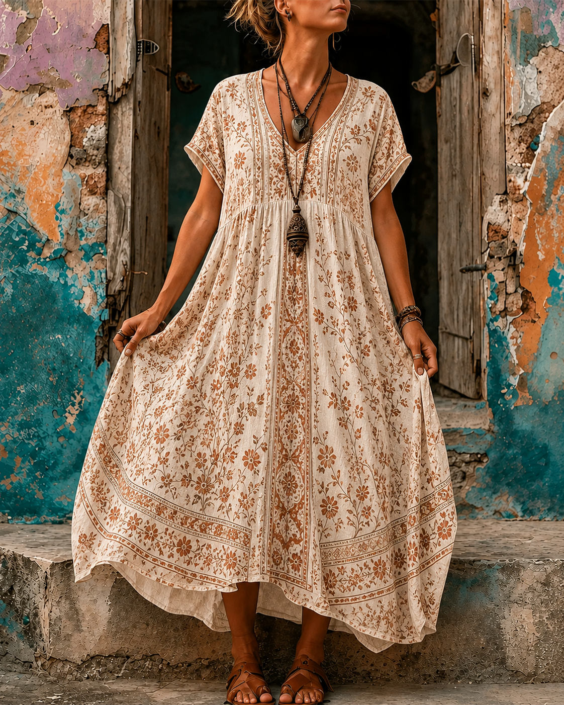 Women's Vacation Linen Retro Boho Floral Print V-Neck Short Sleeve Maxi Dress