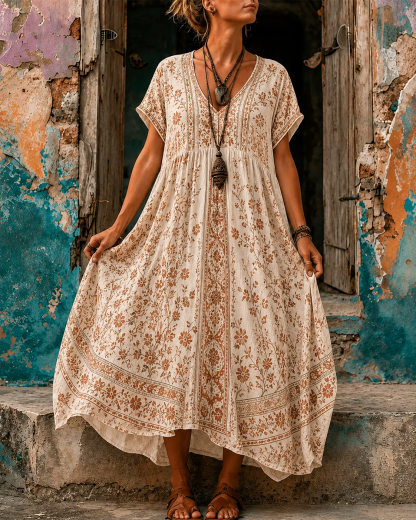 Women's Vacation Linen Retro Boho Floral Print V-Neck Short Sleeve Maxi Dress