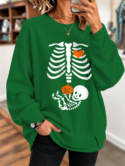 Skeleton Halloween Maternity Pregnancy Announcement Fall Mom Pinted Sweatshirt
