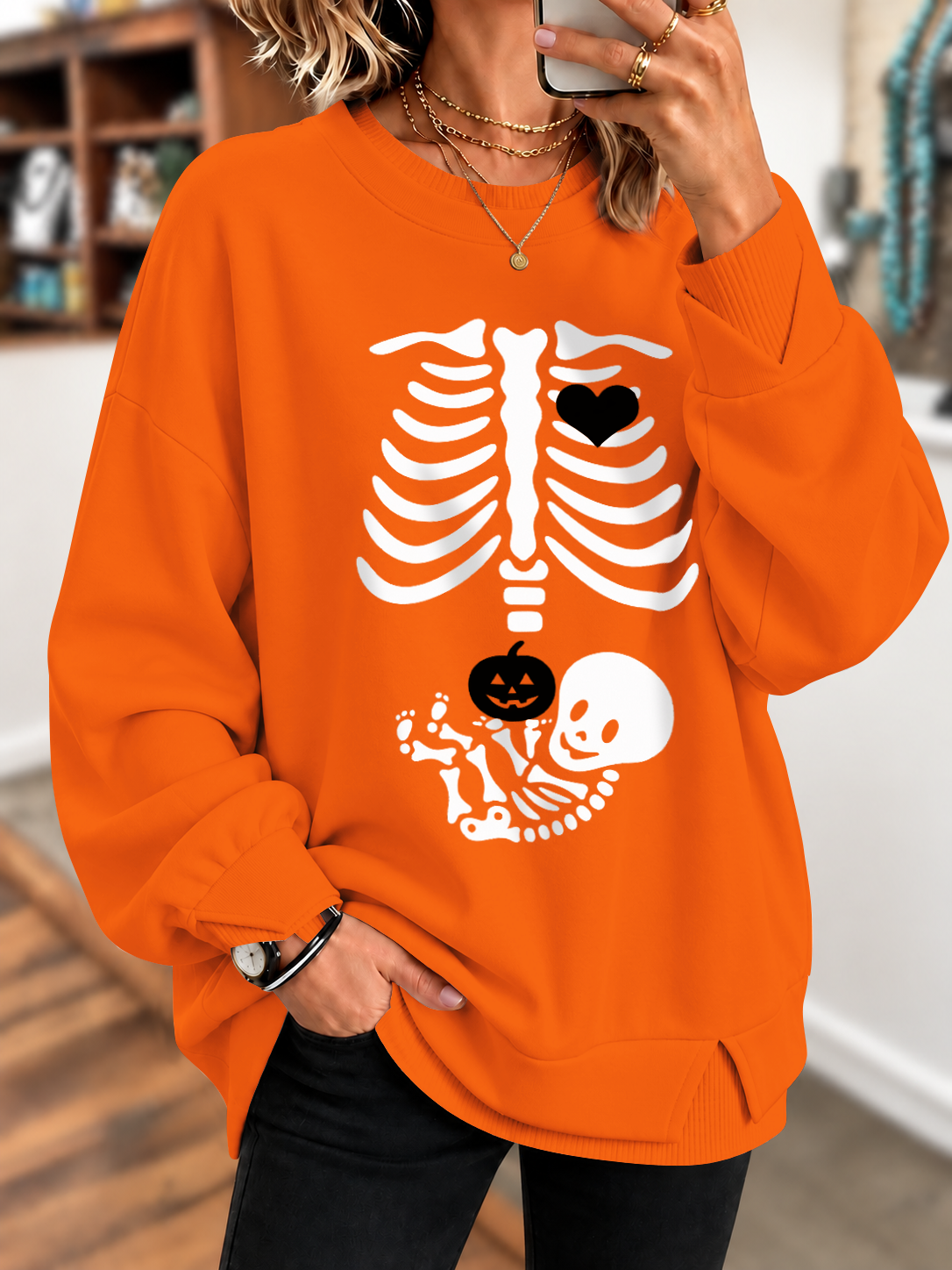 Skeleton Halloween Maternity Pregnancy Announcement Fall Mom Pinted Sweatshirt