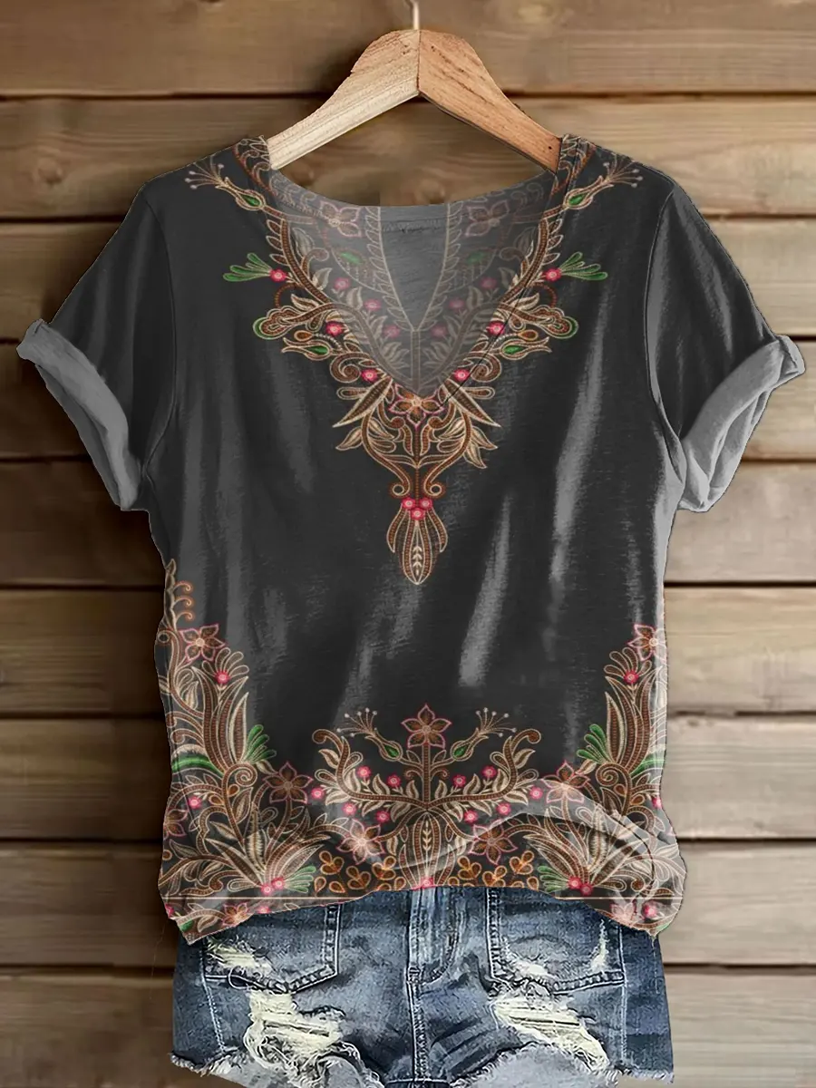 Women's Vintage Floral Pattern Art Print V-neck Short Sleeve