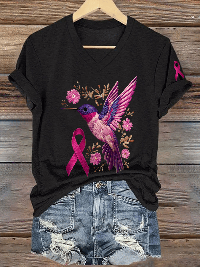 Women's Breast Cancer Awareness Hummingbird Print V-Neck T-Shirt