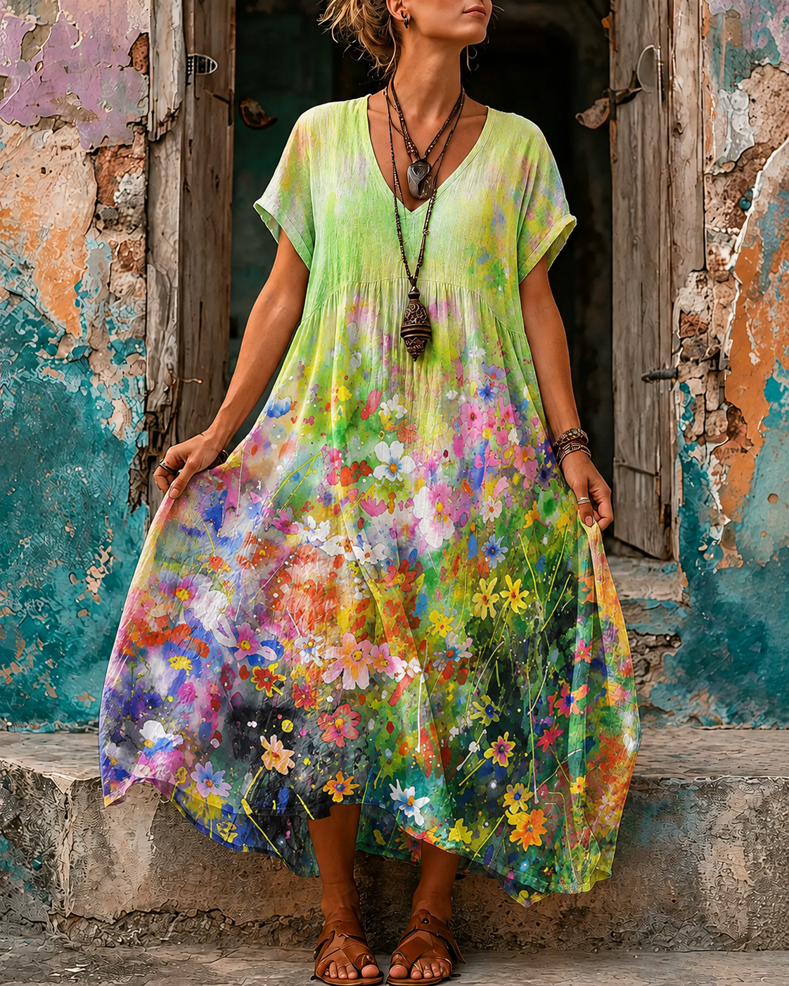 Women's Vacation Linen Boho Floral Print V-Neck Short Sleeve Maxi Dress