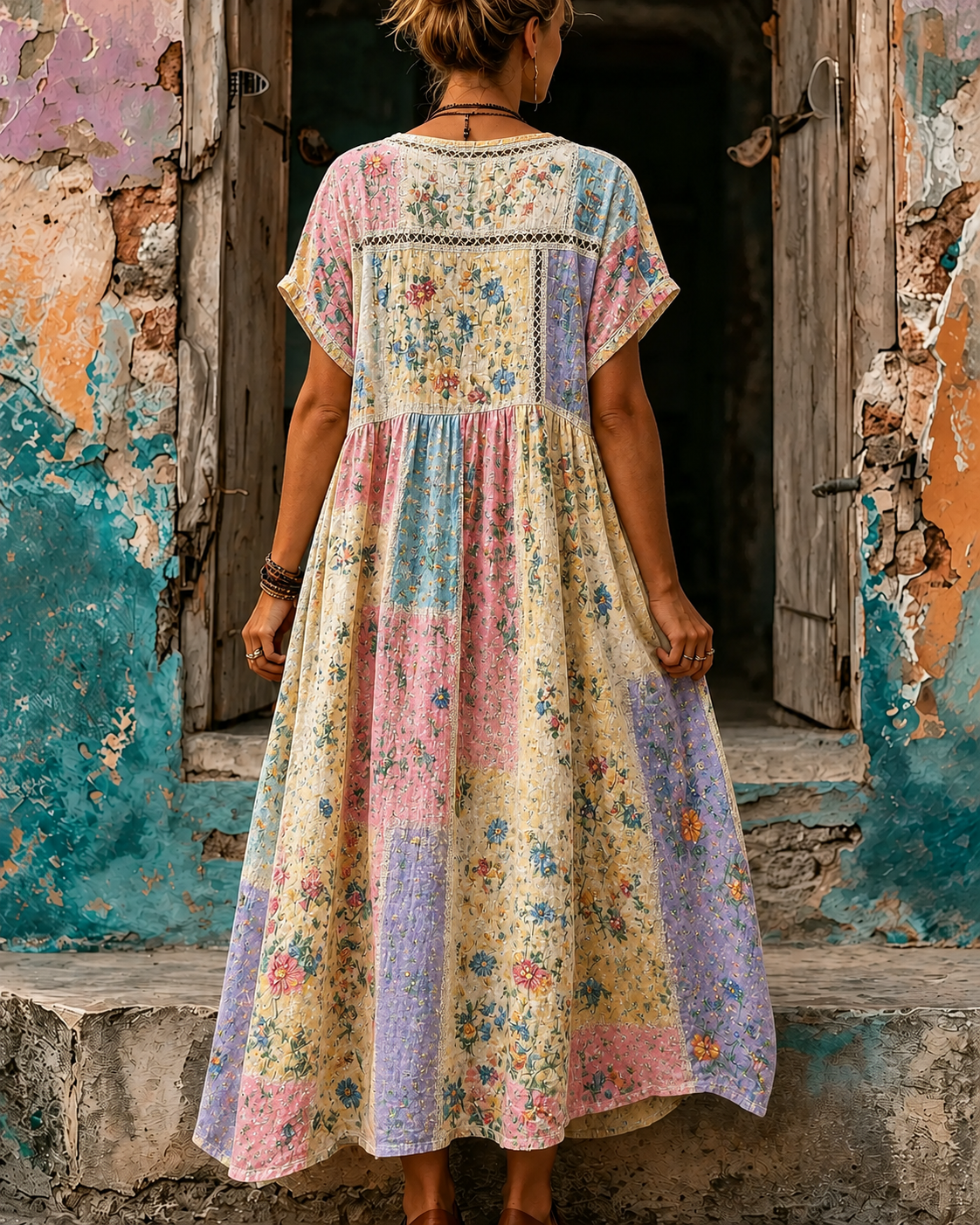Women's Vacation Linen Boho Floral Print V-Neck Short Sleeve Maxi Dress