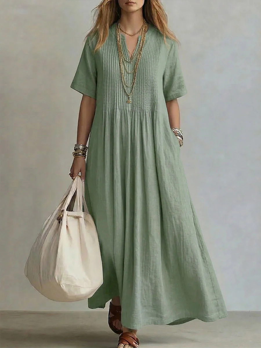 Women'S V-Neck Short-Sleeved Pleated Cotton-Linen Dress