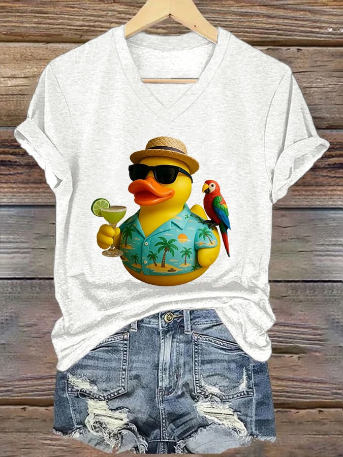 V-Neck Retro Jimmy Parrot Margarita Memorial Duck Print T-Shirt