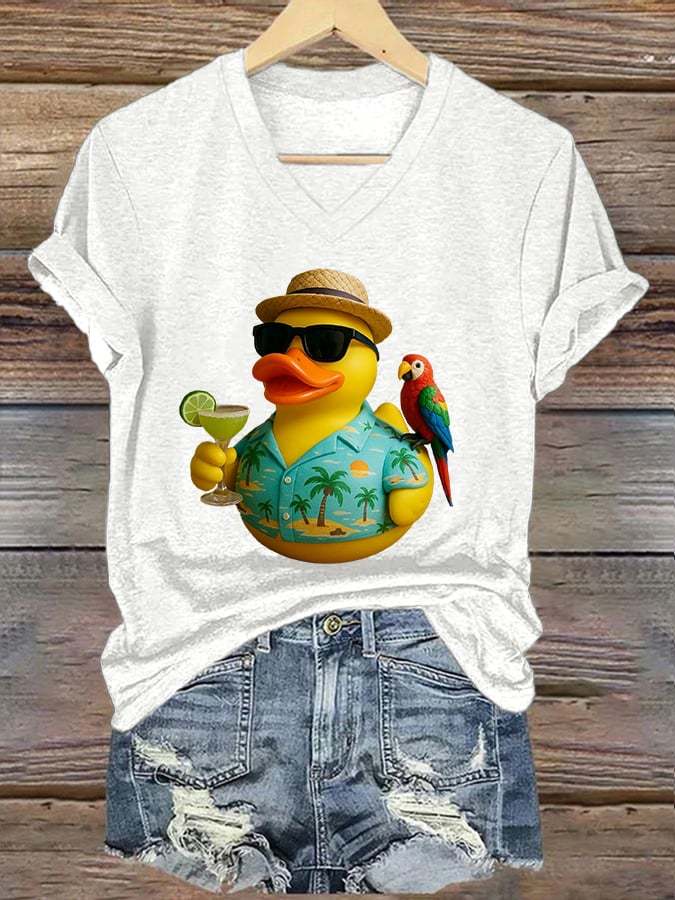 V-Neck Retro Jimmy Parrot Margarita Memorial Duck Print T-Shirt