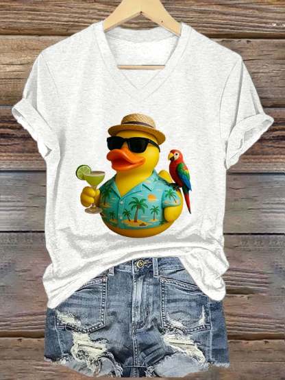 V-Neck Retro Jimmy Parrot Margarita Memorial Duck Print T-Shirt