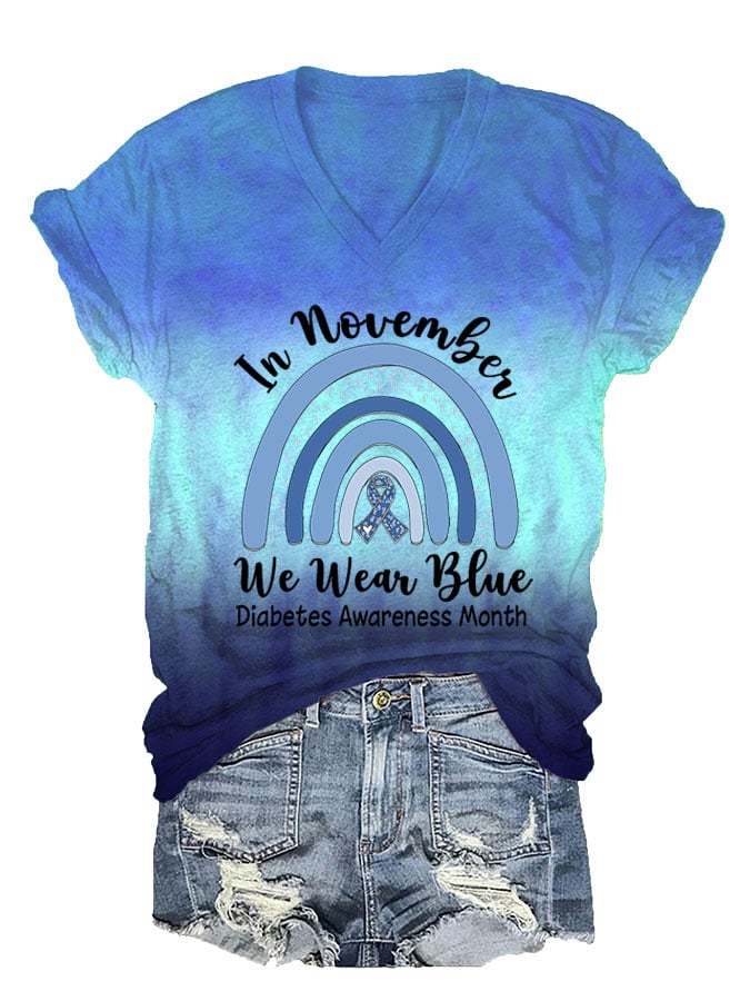 Women's In November We Wear Blue Diabetes Awareness Month Print V-Neck T-Shirt