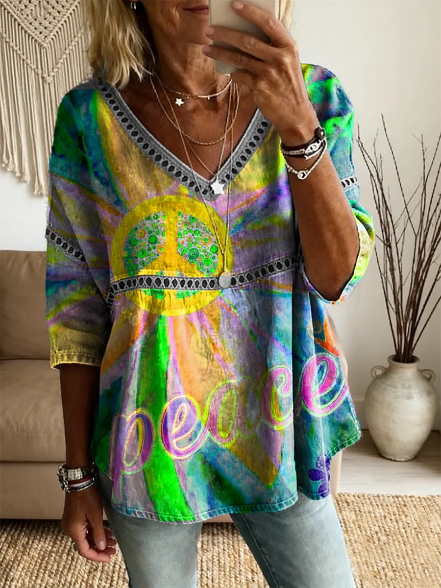 Ethnicity Flowers Hippie Peace Women's Vintage Art Print Casual V Neck Cutout Top