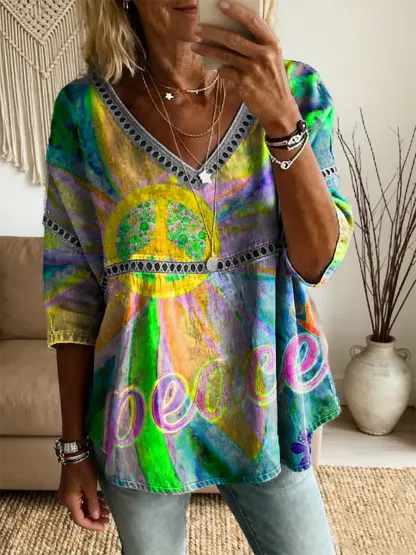 Ethnicity Flowers Hippie Peace Women's Vintage Art Print Casual V Neck Cutout Top