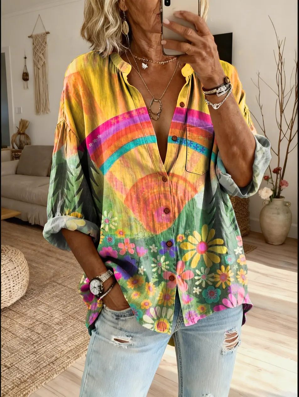 Women's Vintage Hippie-Style Sunrise Art Print Casual Cotton-Linen Shirt