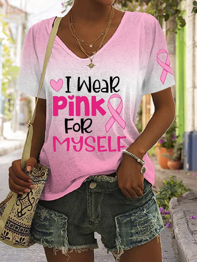 Women'S I Wear Pink For Myself Breast Cancer Awareness Print Casual T-Shirt