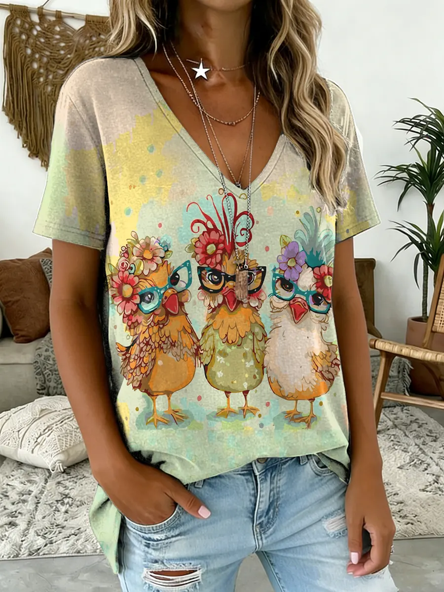 Women's Fun Chick Art Print V-Neck Short-Sleeve Cotton T-Shirt