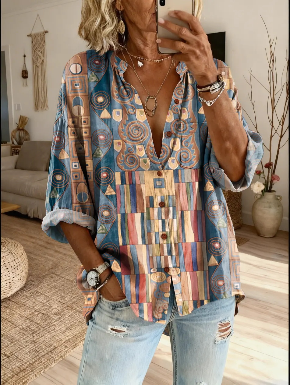 Ethnicity Geometry Patchwork Women's Vintage Art Print Casual Cotton And Linen Shirt
