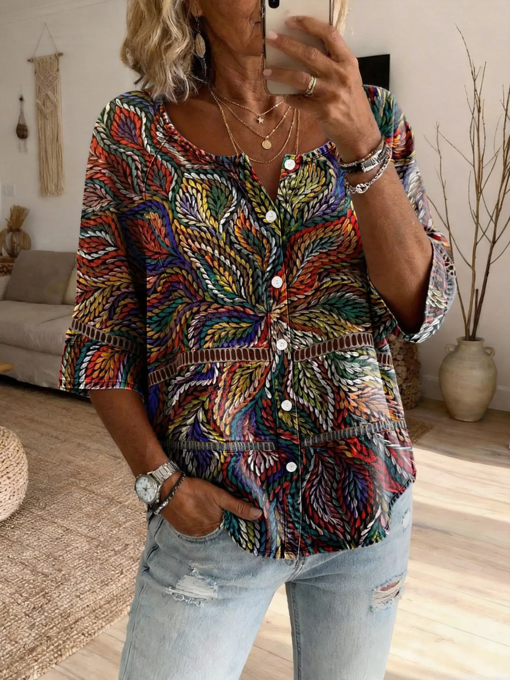 Women's Vintage Art Print Casual Cutout Top