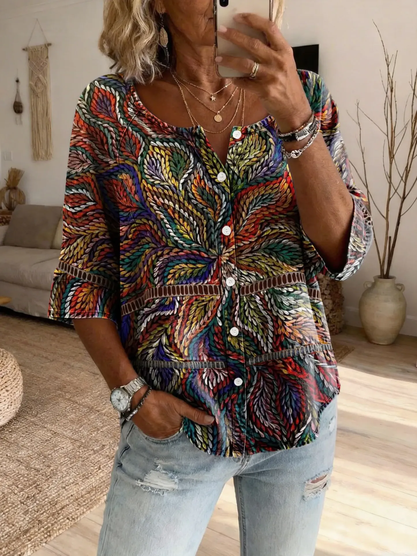 Women's Vintage Art Print Casual Cutout Top