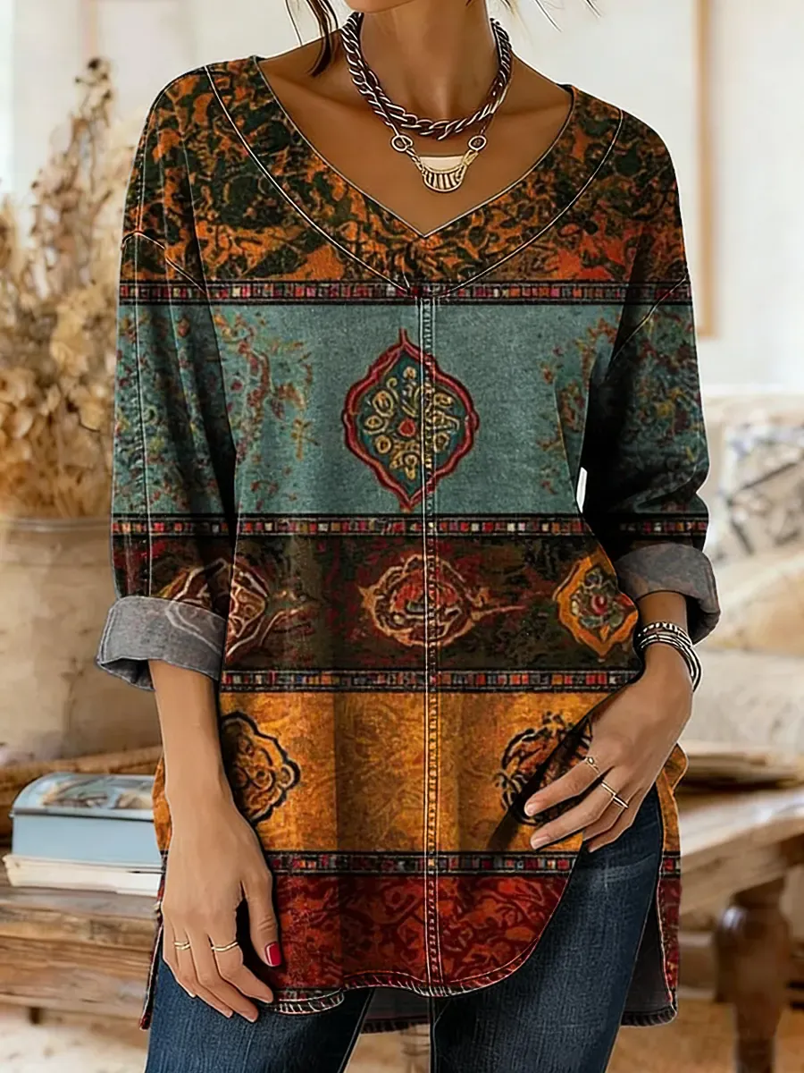 Women's Bohemian Striped Patterned Art Print Casual Washed Denim Cotto