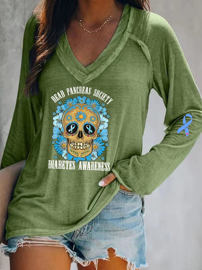 Women's Casual Diabetes Awareness Dead Pancreas Society Print Long Sleeve T-Shirt